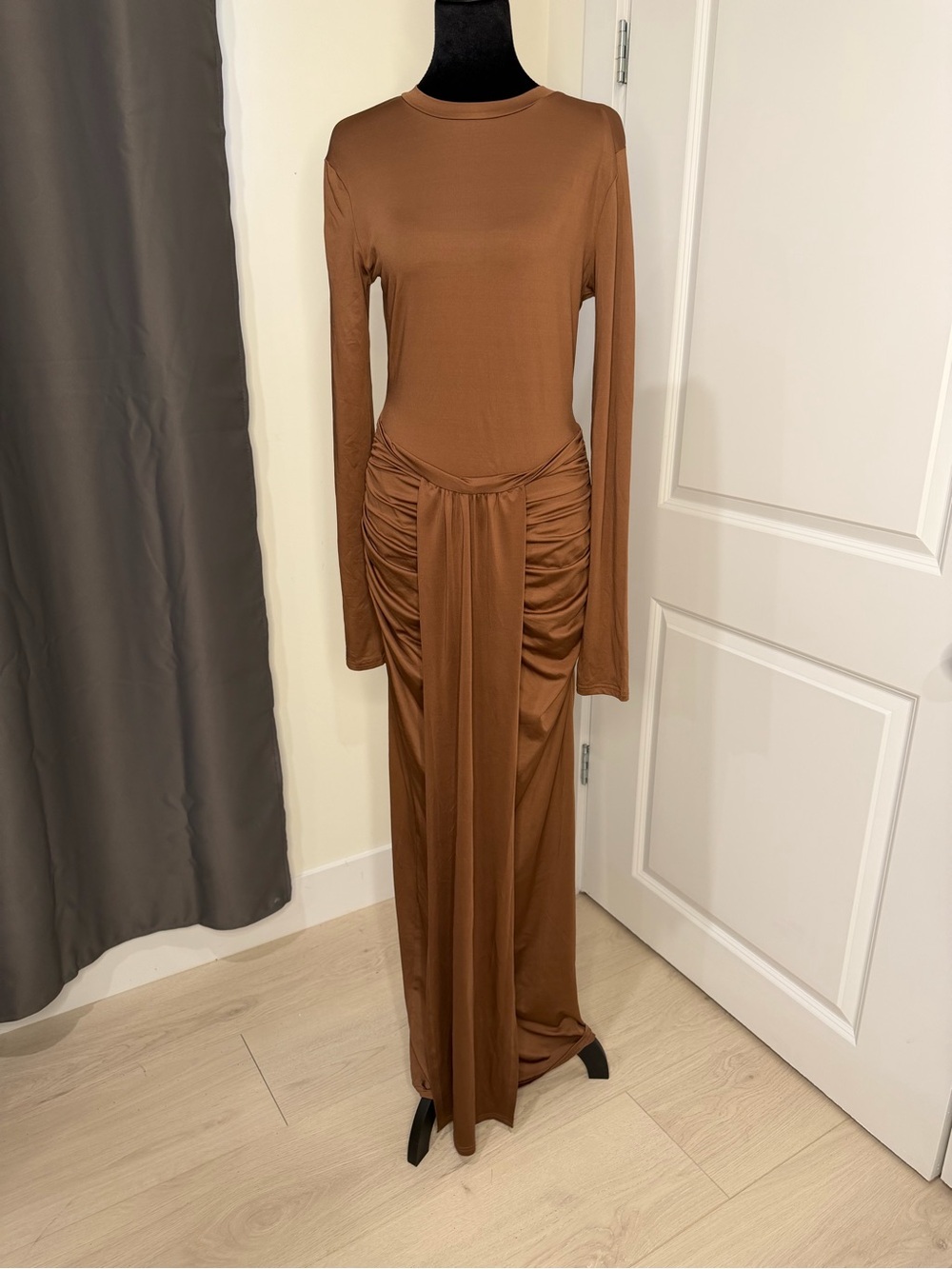 Long Sleeve Ruched Maxi Dress in Brown